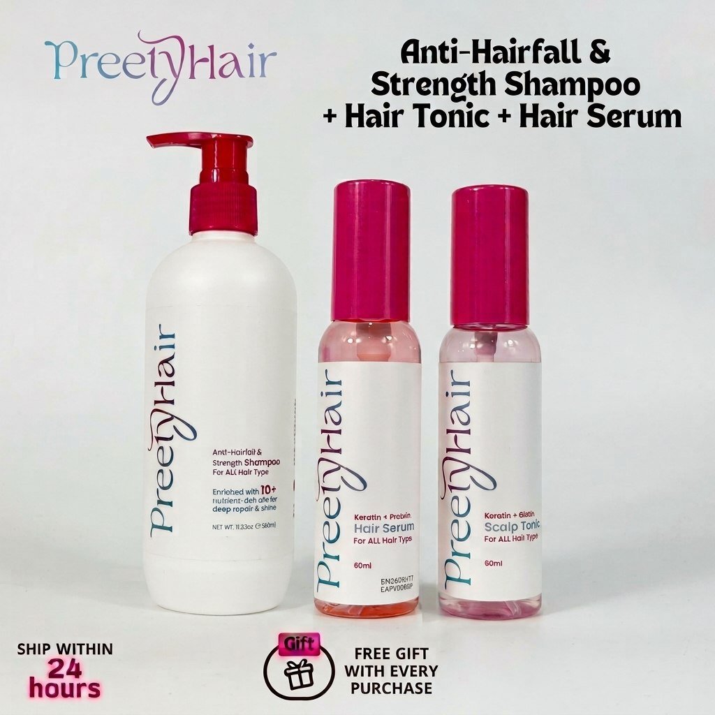 Preety Hair Shampoo + Keratin Biotin Water Based Hair Tonic + Hair Serum + Free Gift